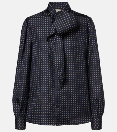 Saint Laurent Printed Tie-neck Silk Crêpe De Chine Blouse In Blue