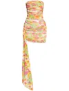 Saint Laurent Strapless Asymmetric Ruched Floral-print Tulle Mini Dress