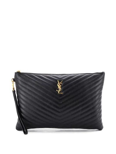 Pre-owned Saint Laurent Puffy Zip Patent Large Pouch In Black