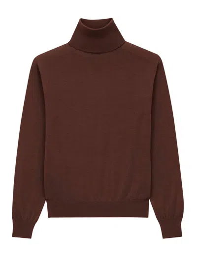 Saint Laurent Turtleneck Knitwear With Ribbed Cuffs And Hem In Brown