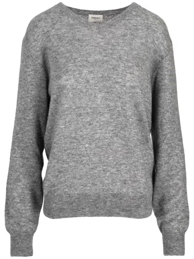 Saint Laurent Pull Col V Cachemire Soie Gg14 In Gray
