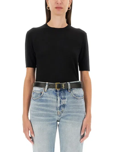 Saint Laurent Cropped Wool Top In Schwarz