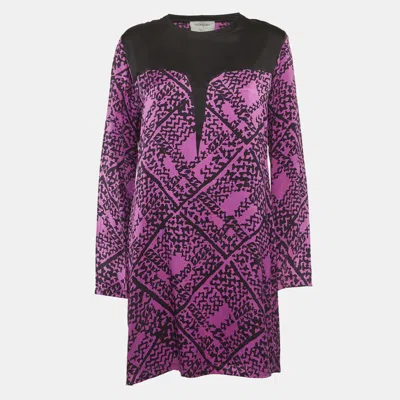 Pre-owned Saint Laurent Purple Abstract Print Silk Cheongsam Dress M