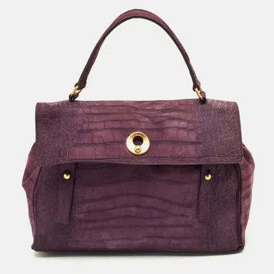 Pre-owned Saint Laurent Purple Croc Embossed Leather And Suede Muse Two Top Handle Bag