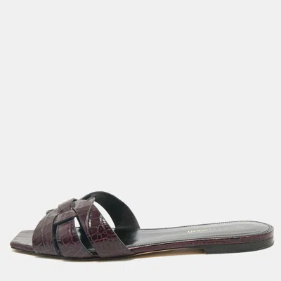 Pre-owned Saint Laurent Purple Croc Embossed Leather Tribute Flat Slides Size 39.5