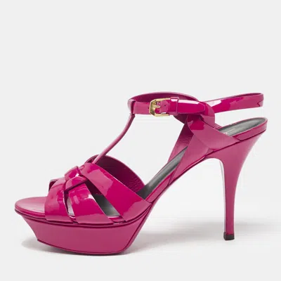 Pre-owned Saint Laurent Purple Patent Leather Tribute Ankle Strap Sandals Size 38.5