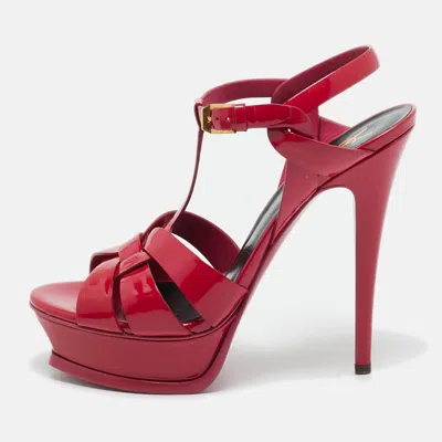Pre-owned Saint Laurent Purple Patent Leather Tribute Ankle Strap Sandals Size 38.5