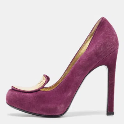 Pre-owned Saint Laurent Purple Suede Plaque Embellished Round Toe Pumps Size 36.5