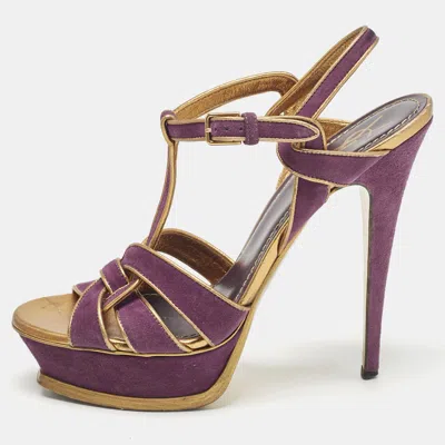 Pre-owned Saint Laurent Purple/gold Suede Tribute Platform Sandals Size 40