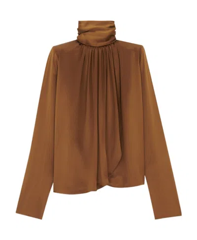 Saint Laurent Pussy Bow-collar Silk Blouse In Brown