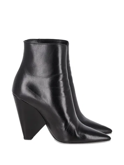 Pre-owned Saint Laurent Pyramid-heeled Leather Ankle Boots In Black