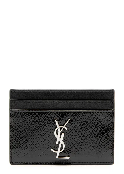 Saint Laurent Python-effect Patent Leather Card Holder In Black