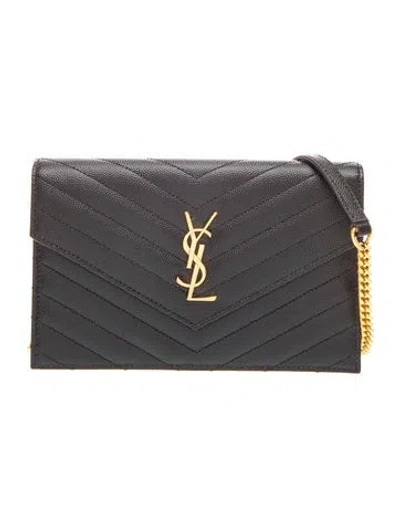 Pre-owned Saint Laurent Quilted Cassandre Envelope Chain Wallet In Black