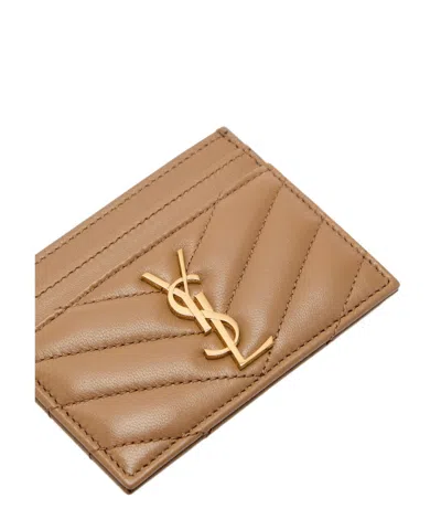 Saint Laurent Quilted Leather Card Holder In Brown
