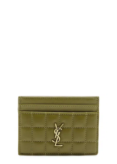 Saint Laurent Quilted Leather Card Holder In Olive