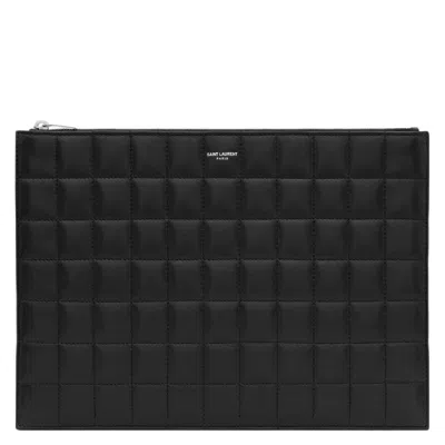 Saint Laurent Quilted Leather Logo Pouch In Black