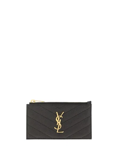 Saint Laurent Quilted Leather With Ysl Logo Cardholder In Black