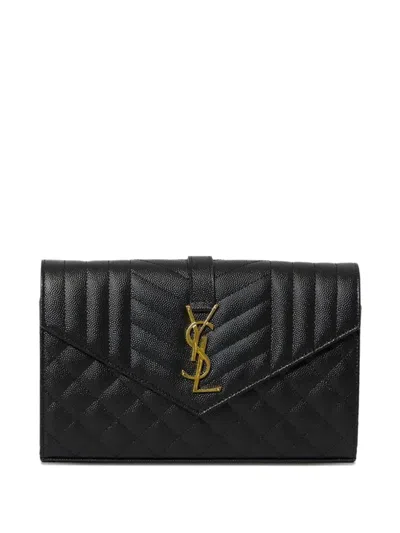 Saint Laurent Ysl Monogram Quilted Envelope Clutch Bag In Nero