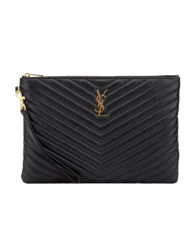 Saint Laurent Quilted Monogram Clutch Bag In Black