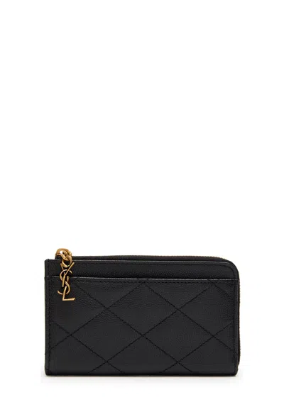 Saint Laurent Quilted Pebbled Leather Card Holder In Black