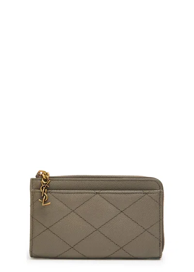Saint Laurent Quilted Pebbled Leather Card Holder In Gray