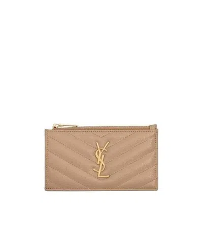 Saint Laurent Quilted Pebbled Leather Cardholder In Brown