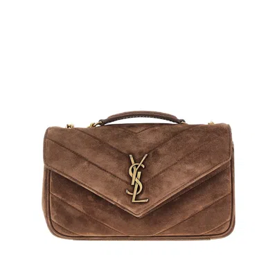 Saint Laurent Quilted Suede Leather Small 'loulou' Bag In Brown