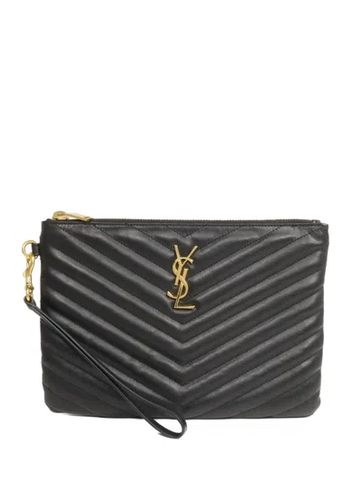 Pre-owned Saint Laurent Quilted Ysl Pouch In Black
