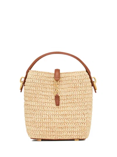 Saint Laurent Raffia Mini Bucket Handbag With Bronze Hardware In Neutral