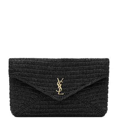 Saint Laurent Raffia Cassandre Envelope Pouch In Black