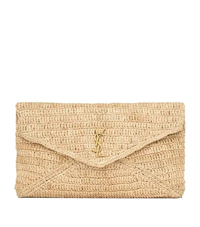Saint Laurent Raffia Cassandre Envelope Pouch In Brown