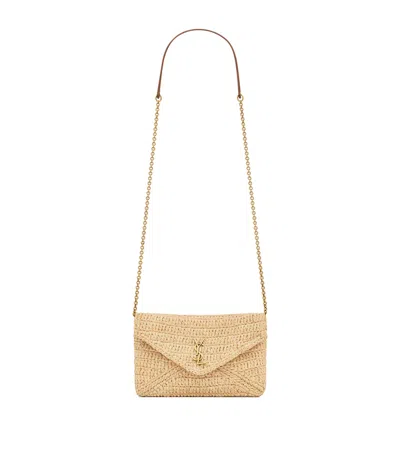 Saint Laurent Raffia Cassandre Pouch On Chain In Sand