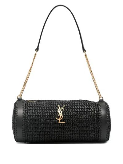 Saint Laurent Raffia-weave Shoulder Bag In Black