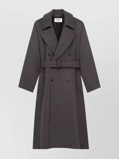 Saint Laurent Raglan Belted Double-breasted Coat In Gray