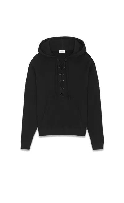 Saint Laurent Raglan Laced Hoodie In Black