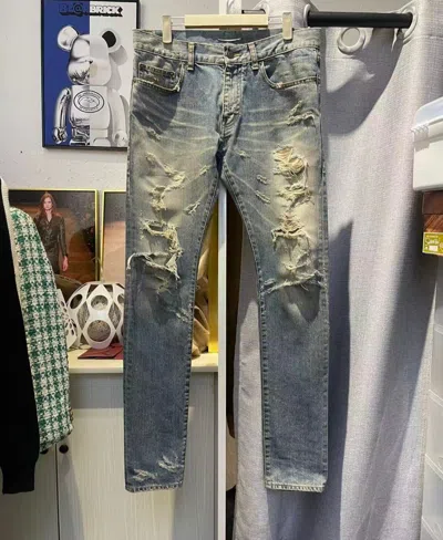 Pre-owned Saint Laurent Raglan Wash Destroyed Blue Jeans