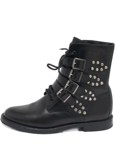 Pre-owned Saint Laurent Rangers Leather Studded Buckle Biker Boots