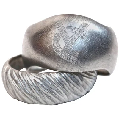 Pre-owned Saint Laurent Rare 1985 Yves  Set Of Two Brushed Silver Cuff Bracelets In Multi