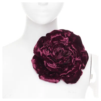 Pre-owned Saint Laurent Rare  2022 Extra Large Wild Rose Bordeaux Crushed Velvet Pin Brooch In Red