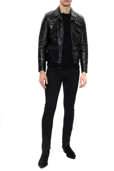 Saint Laurent Raw-trimmed Woven Sweater In Black