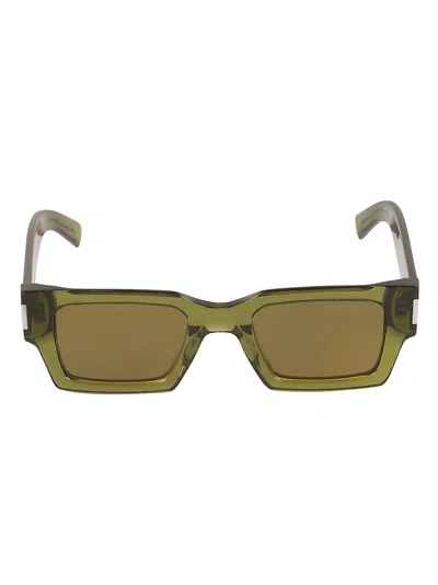 Saint Laurent Rectangular Frame Flame Effect Sunglasses In Green/brown