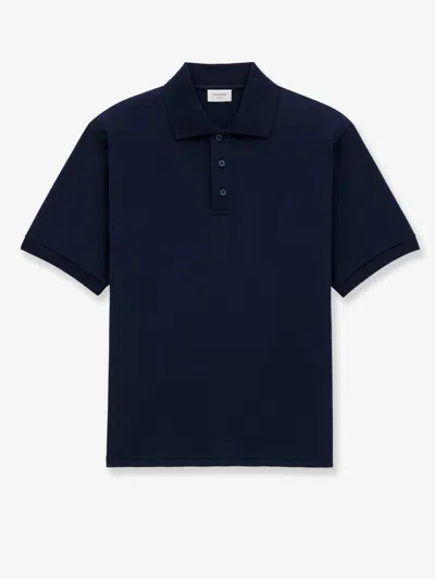 Saint Laurent Recycled Material Polo Shirt With Cassandre Embroidery In Blue