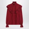 Saint Laurent Ruffled Floral Silk-jacquard Blouse In Red