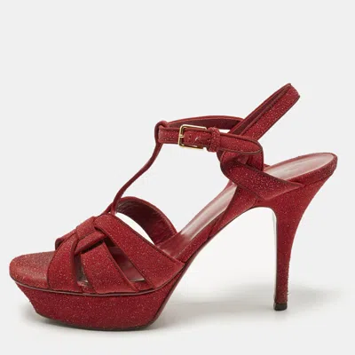 Pre-owned Saint Laurent Red Glitter Suede Tribute Platform Sandals Size 40