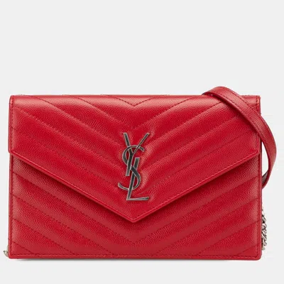 Pre-owned Saint Laurent Red Grain De Poudre Cassandre Chain Wallet