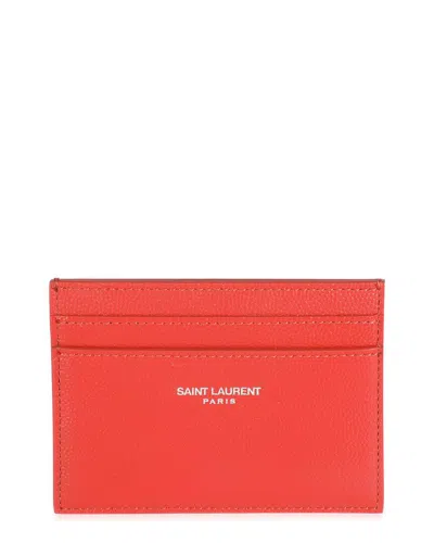 Pre-owned Saint Laurent Red Grain De Poudre Leather Credit Card Case (authentic Pre-loved)