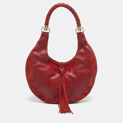 Pre-owned Saint Laurent Red Leather And Suede Tassel Hobo