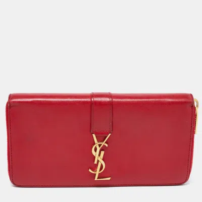 Pre-owned Saint Laurent Red Leather Monogram Zip Around Wallet