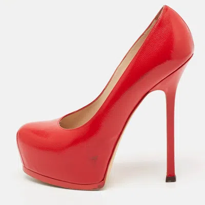 Pre-owned Saint Laurent Red Leather Tribtoo Platform Pumps Size 38.5