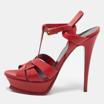Pre-owned Saint Laurent Red Leather Tribute Ankle Strap Sandals Size 41